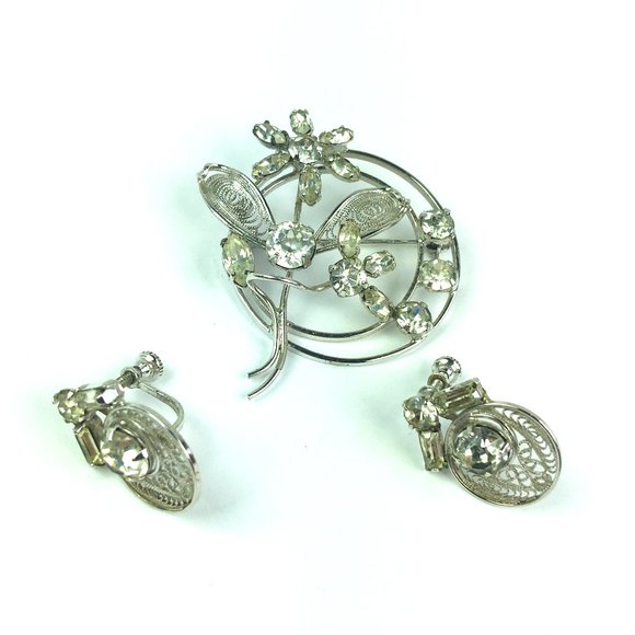 Vintage Sterling Rhinestone Brooch and Earrings - Picture 1 of 9